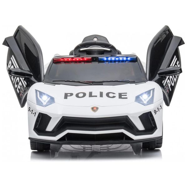 Carrinho, Carro Elétrico de Polícia, 1 lugar, 12V, com controle remoto, USB MP3, 4 km por hora, 2 a 6 anos, U URIDEON, Branco