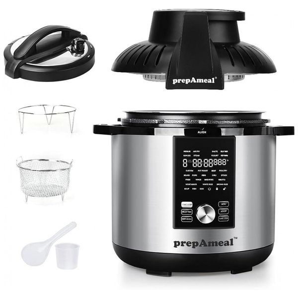 Panela de Pressão Elétrica Multifuncional 7.5L, 27 Definições, Painel Digital, Aço Inoxidável, 1800W, 110v, PREPAMEAL, Preto e Prata