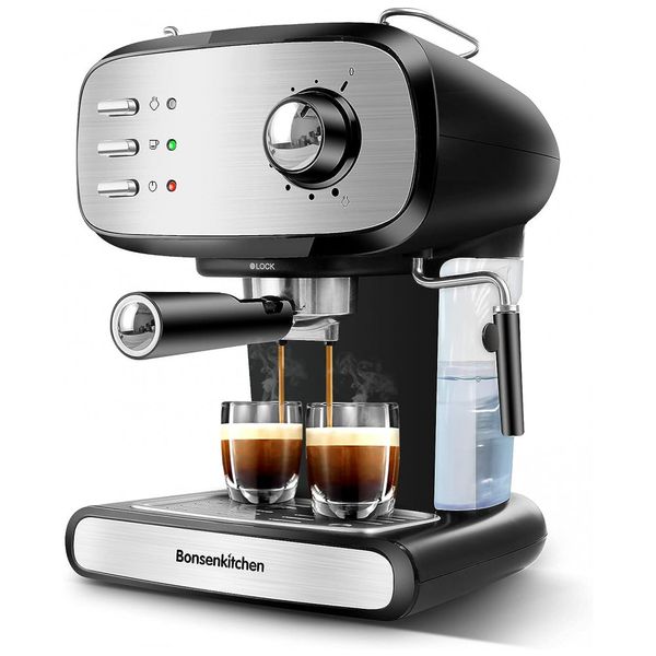 Cafeteira Elétrica Profissional 1.2L, 15 Bar, com Controle de Temperatura 900W, 110v, BONSENKITCHEN, Preto