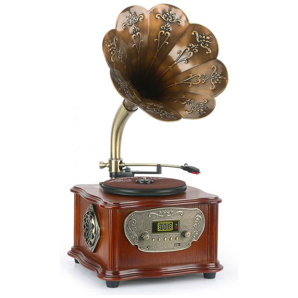 Vintage clássico fonógrafo retrô gramofone toca discos de vinil toca discos Bluetooth 4.2, 3, Aux in, USB, FM rádio com chifre de cobre bronze, N, C,