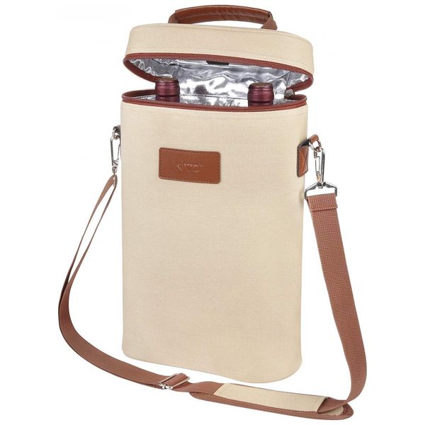 Bolsa Térmica Para Transporte de Vinhos até 2 Garrafas com Alça Ajustável, TIRRINIA, Bege