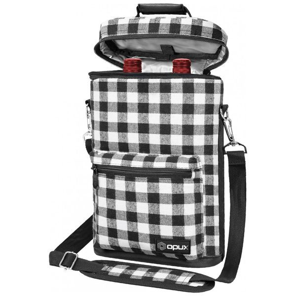 Bolsa Térmica Para Transporte de Vinhos até 2 Garrafas, Xadrez, OPUX, Preto