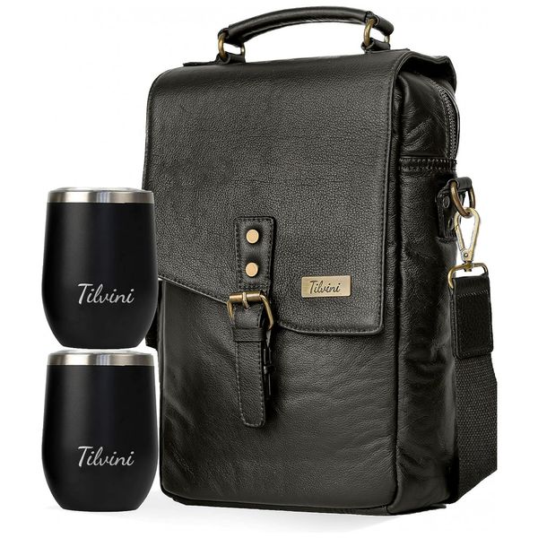 Bolsa Térmica Para Transporte de Vinhos de Couro até 2 Garrafas, com 2 Copos Incluídos, TILVINI TV 01, Preto