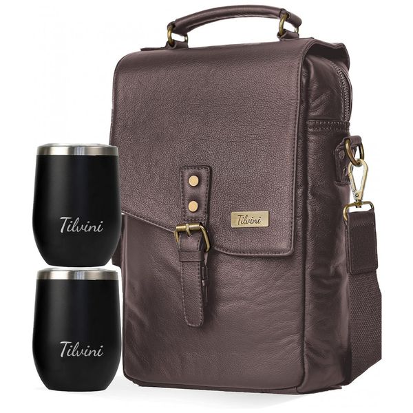 Bolsa Térmica Para Transporte de Vinhos de Couro até 2 Garrafas, com 2 Copos Incluídos, TILVINI TV 01, Marrom