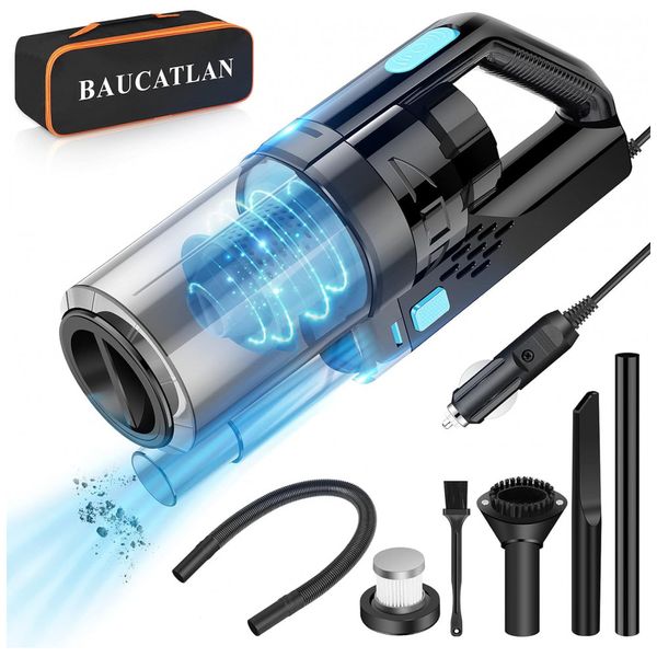 Aspirador de Pó Automotivo Portátil 12V Portátil e Recarregável com Acessórios e Estojo, BAUCATLAN, Preto