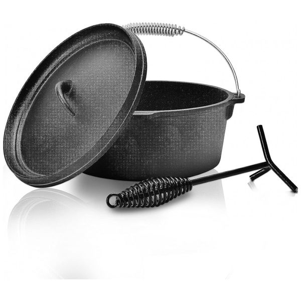 Panela de Ferro Fundido 6L Pré Temperada, com Alça de Metal, WWAHUAYUAN, Preto