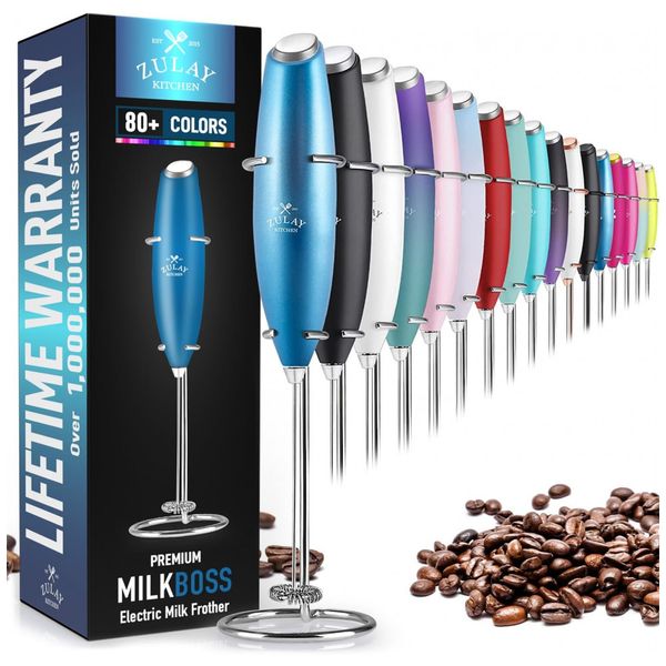 Mixer Espumador de Leite á Bateria, Aço Inoxidável, Metálico, ZULAY KITCHEN Classic Milk Boss Frother, Azul celeste