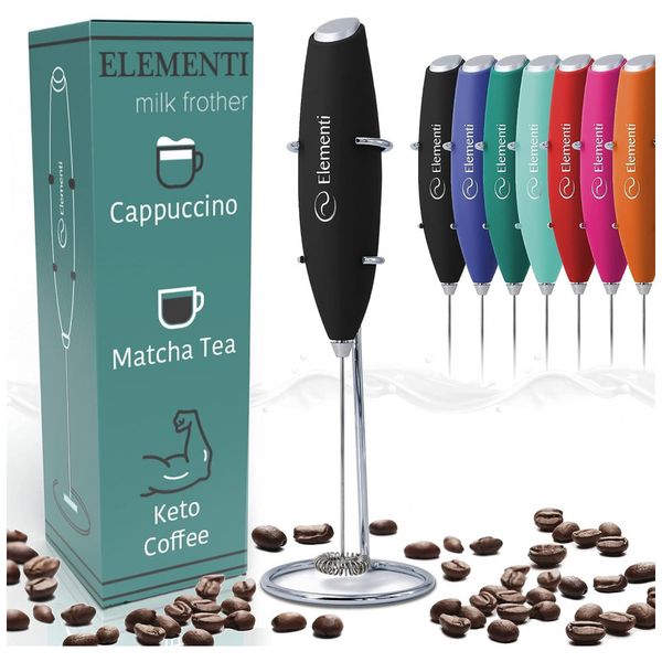 Mixer Espumador de Leite á Bateria, Aço Inoxidável, ELEMENTI E 5001 B, Preto