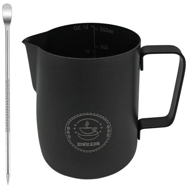 Jarra Leiteira Cremeira 350 mL Aço Inoxidável de Grau, ZOWIE KING, Preto