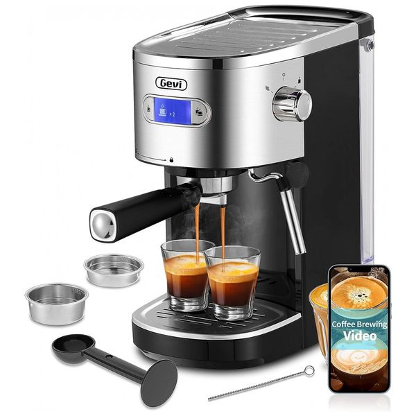 Cafeteira Elétrica Expresso 1.2L 20Bar com Espumador de Leite, 1350W, 110v, GEVI, Preto