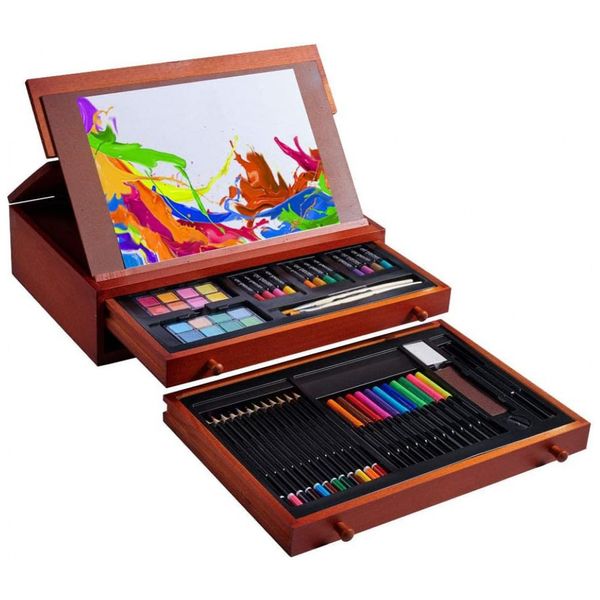 Art Supplies Kit de Lápis de Cor Profissional com Maleta de Madeira, 99 Peças, VIGORFUN, Marrom