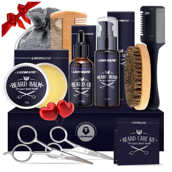 Kit para Barba Profissional Portátil com Cera e Pente, 7 Itens, LIONMANE, Preto