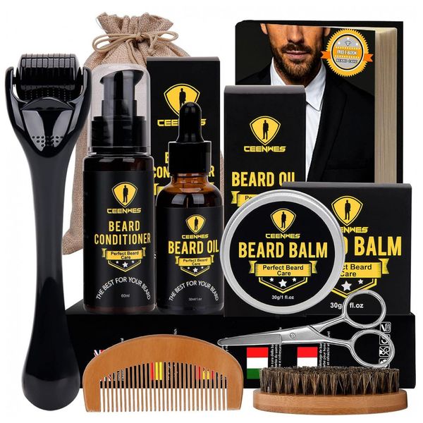 Kit para Barba Profissional Portátil com Cera e Pente, 7 Itens, CEENWES, Preto