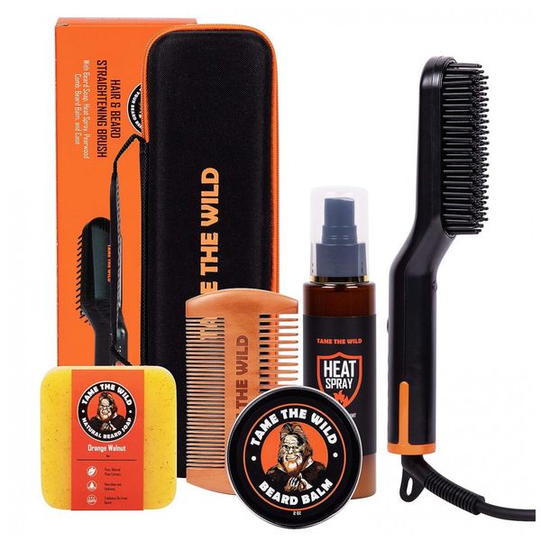 Kit para Barba Profissional Portátil com Cera, Pente e Escova Alisadora, 5 Itens, 110V, TAME THE WILD, Preto