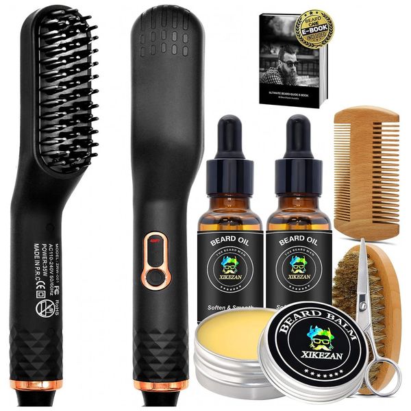 Kit para Barba Profissional Portátil com Cera, Pente e Escova Alisadora, 5 Itens, 110V, XIKEZAN, Preto