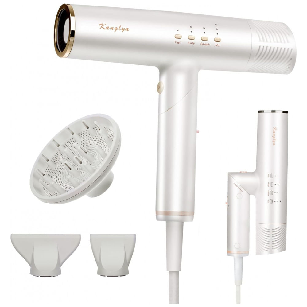 Secador de Cabelo Profissional ÍON com Alta Velocidade 110000 RPM, KANGLYA, Branco