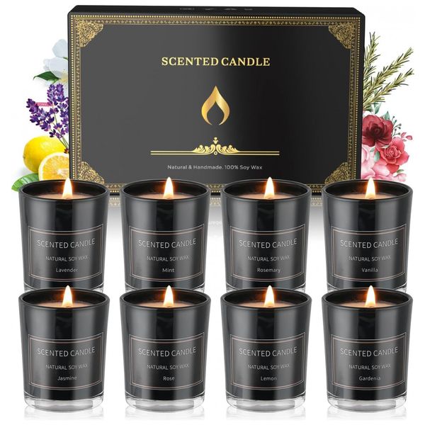 Vela de Aromaterapia para Casa 300mL, Aroma, Baunilha, Gardênia, Alecrim, Menta, Jasmim e Limão, 8 Unidades, FANCAN JC002, Preto