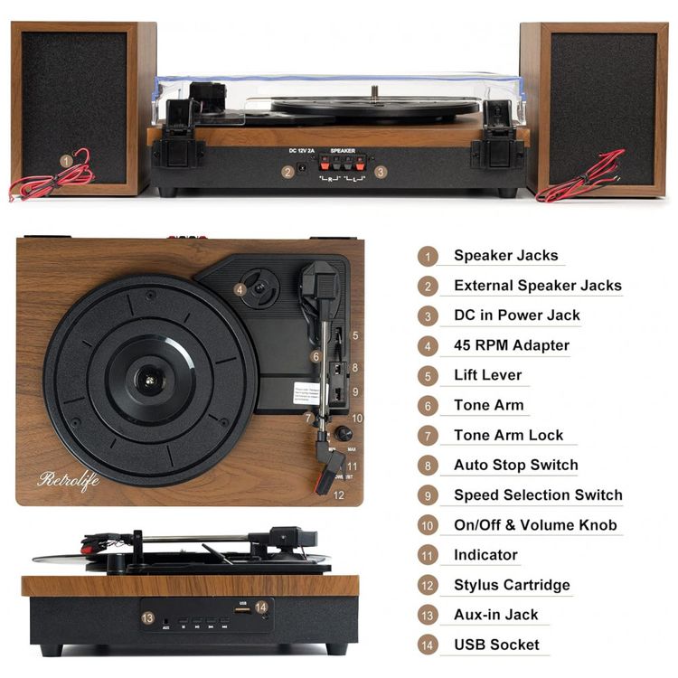 Toca-Discos-de-Vinil-com-3-Velocidades-Bluetooth-Alto-foto-3