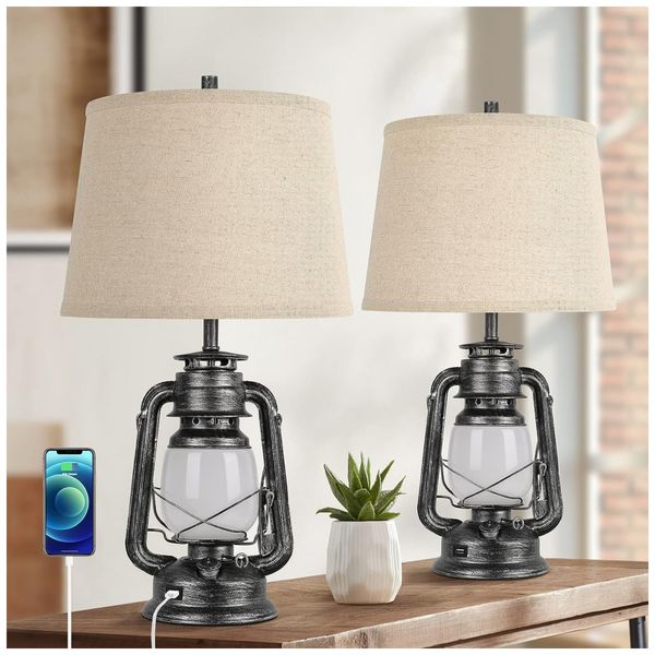 Kit-2-Luminarias-de-Mesa-Vintage-em-Metal-e-Abajur-de-foto-0
