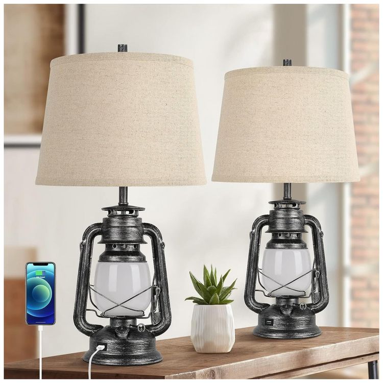 Kit-2-Luminarias-de-Mesa-Vintage-em-Metal-e-Abajur-de-foto-0