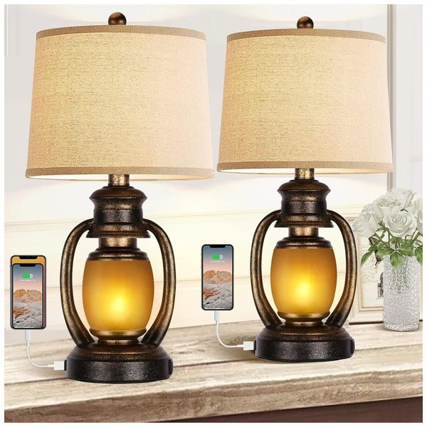 Kit-2-Luminarias-de-Mesa-Vintage-em-Metal-e-Abajur-de-foto-0