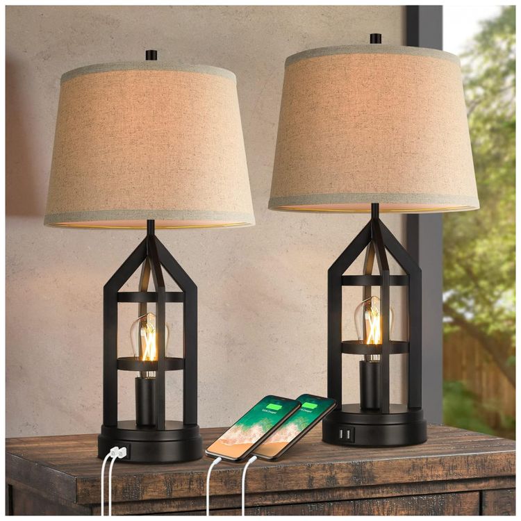 Kit-2-Luminarias-de-Mesa-Vintage-em-Metal-e-Abajur-de-foto-0