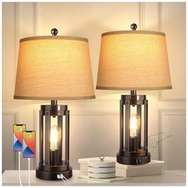 Kit-2-Luminarias-de-Mesa-Vintage-em-Metal-e-Abajur-de-foto-0