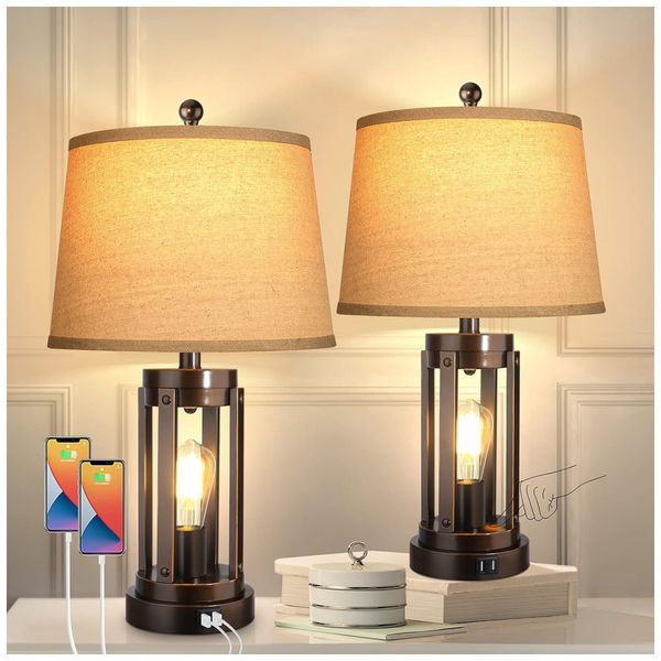 Kit-2-Luminarias-de-Mesa-Vintage-em-Metal-e-Abajur-de-foto-0