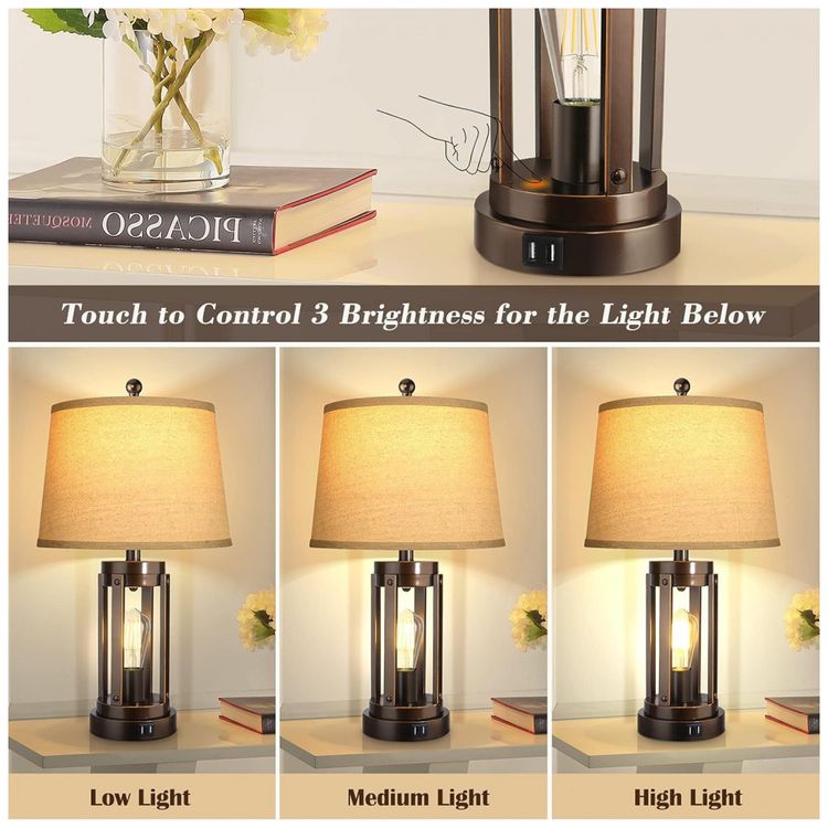 Kit-2-Luminarias-de-Mesa-Vintage-em-Metal-e-Abajur-de-foto-1