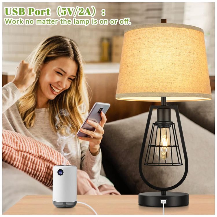 Kit-2-Luminarias-de-Mesa-Vintage-em-Metal-com-USB-e-Abajur-foto-2