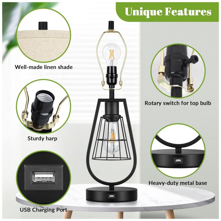 Kit-2-Luminarias-de-Mesa-Vintage-em-Metal-com-USB-e-Abajur-foto-4