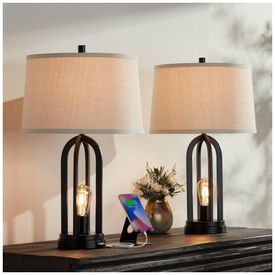Kit-2-Luminarias-de-Mesa-Vintage-em-Metal-e-Abajur-de-foto-0