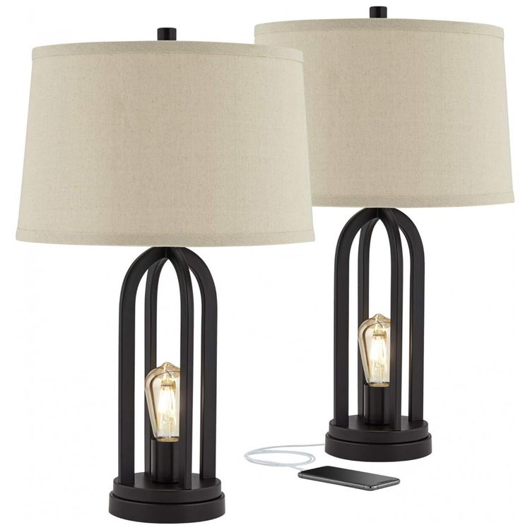 Kit-2-Luminarias-de-Mesa-Vintage-em-Metal-e-Abajur-de-foto-1