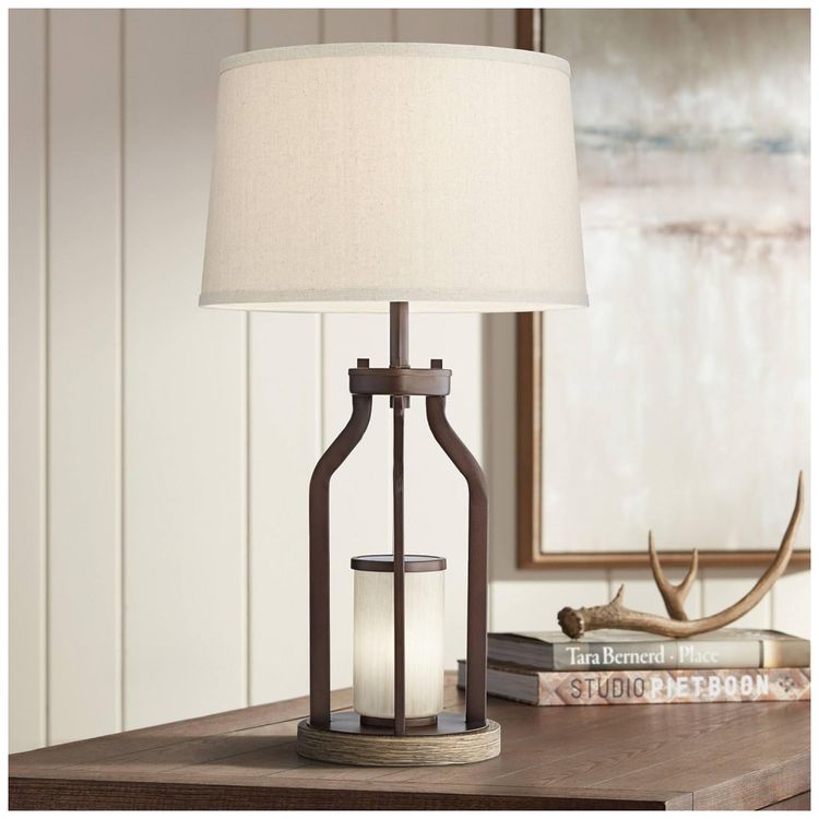 Luminaria-de-Mesa-Vintage-em-Metal-e-Abajur-de-Tecido-foto-0
