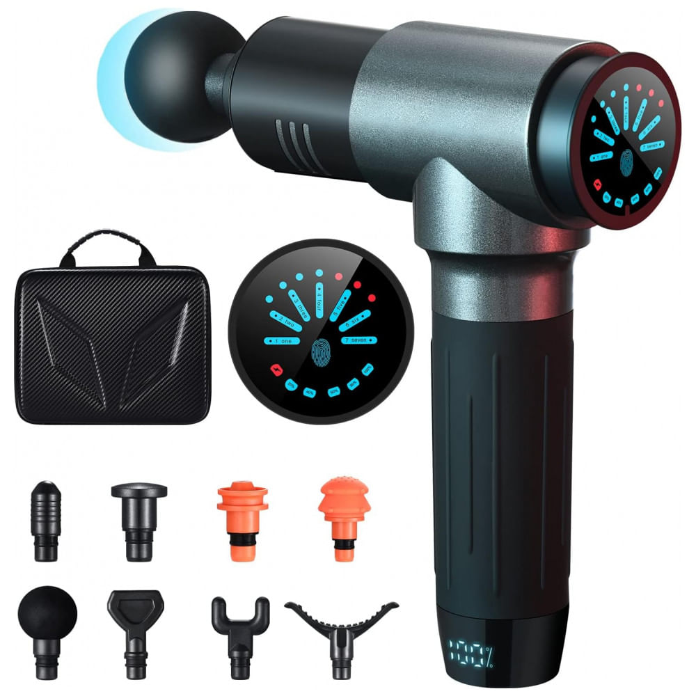 Massageador Pistola Elétrico Profissional Sem Fio com 8 Acessórios e 7 Velocidades, HAXERCISE, Cinza