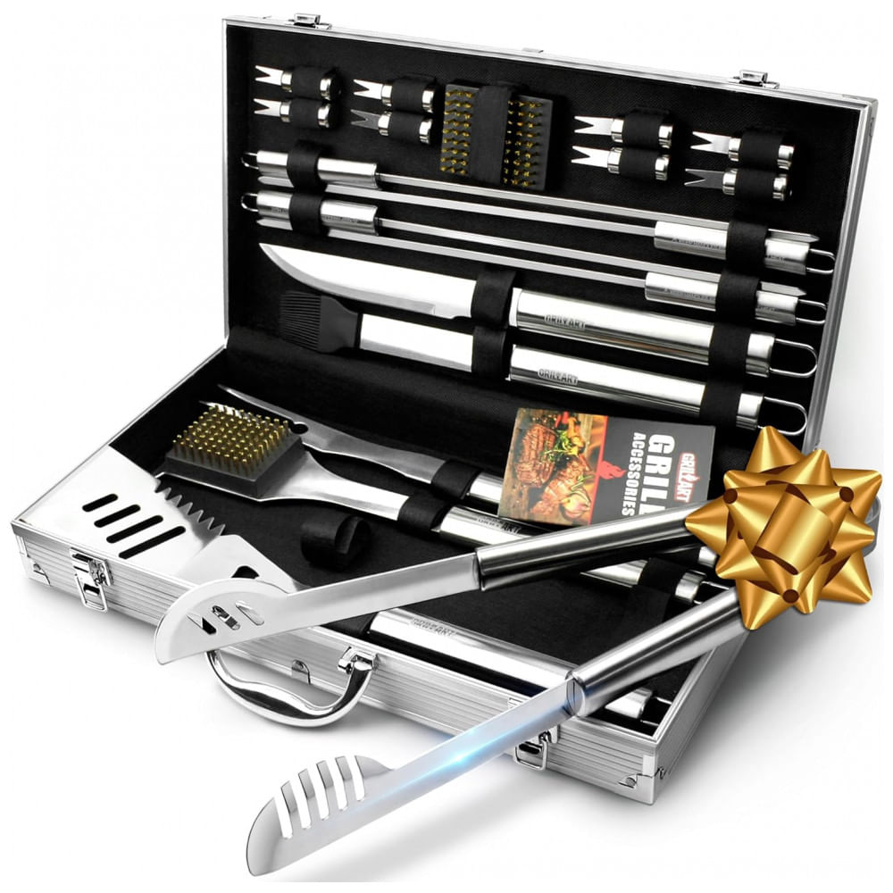 Kit Churrasco na Grelha 19 Peças de Aço Inoxidável com Estojo de zenamento, GRILLART COMINHKPR135822, Prateado