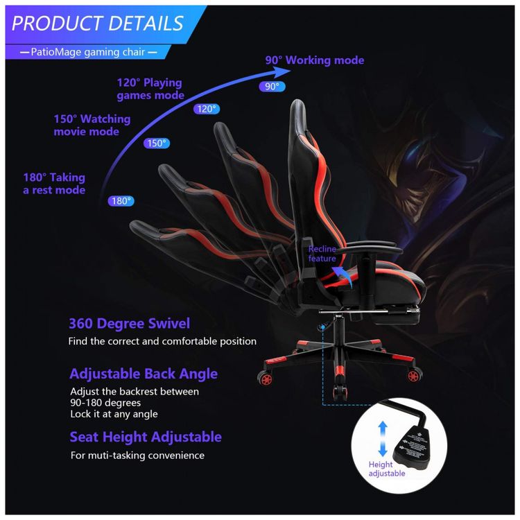 Cadeira-Gamer-Ergonomica-Giratoria-com-Suporte-Lombar-e-foto-3