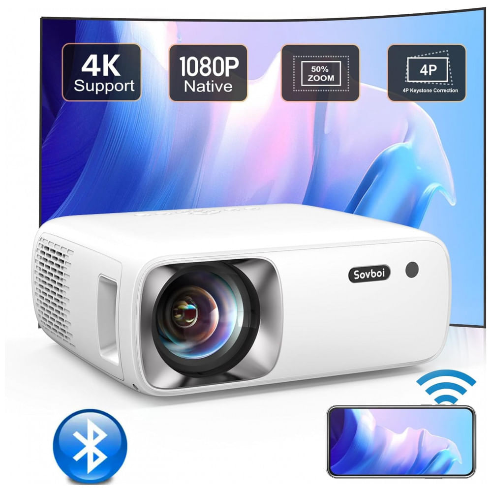 Mini Projetor 1080P HD 4K 9800 Lumens com Bluetooth Compatível com Telefone, PC,TV Stick, Projeta até 400 Polegadas, SOVBOI VB2, Branco
