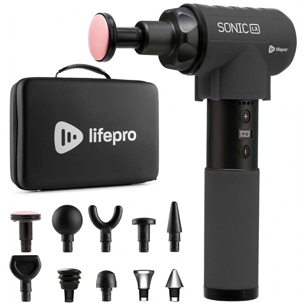 Sonic LX Massageador Pistola Elétrico Profissional Sem Fio 10 Acessórios e 9 Velocidades, LIFEPRO, Preto