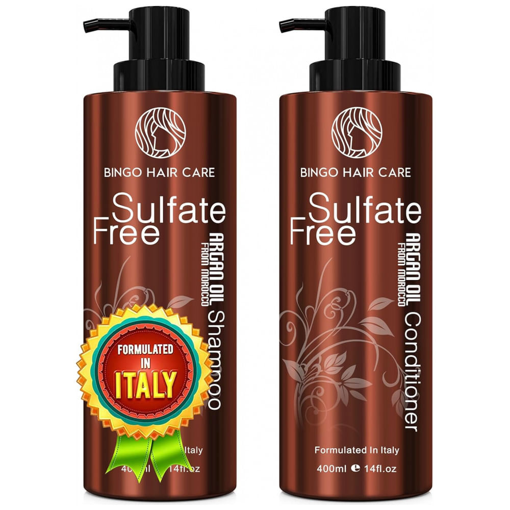 Shampoo e Condicionador 400 ml com Óleo de Argan Marroquino livre de Sulfato para Cabelos Cacheados e Crespos, BINGO HAIR CARE, Marrom