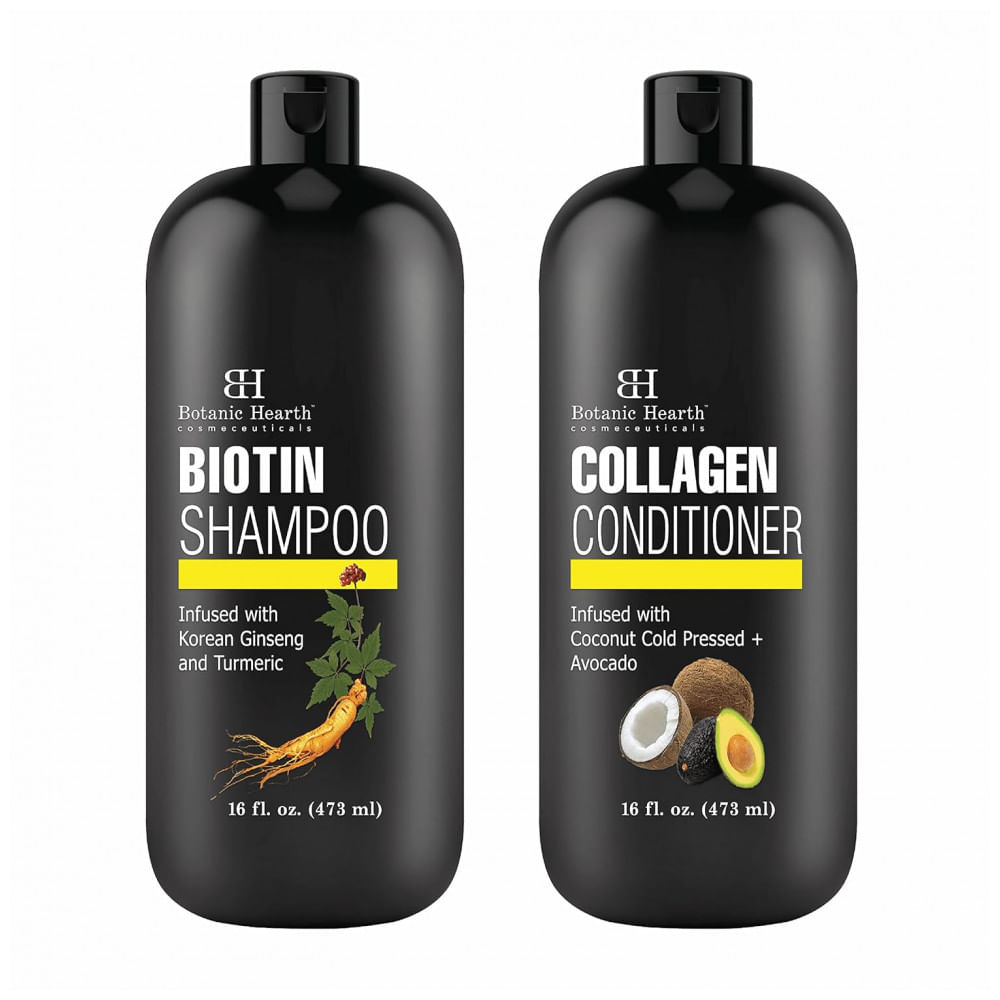 Shampoo e Condicionador com Colágeno Combate a Queda de Cabelo e Afinamento com Ginseng e Cúrcuma, BOTANIC HEARTH, Preto
