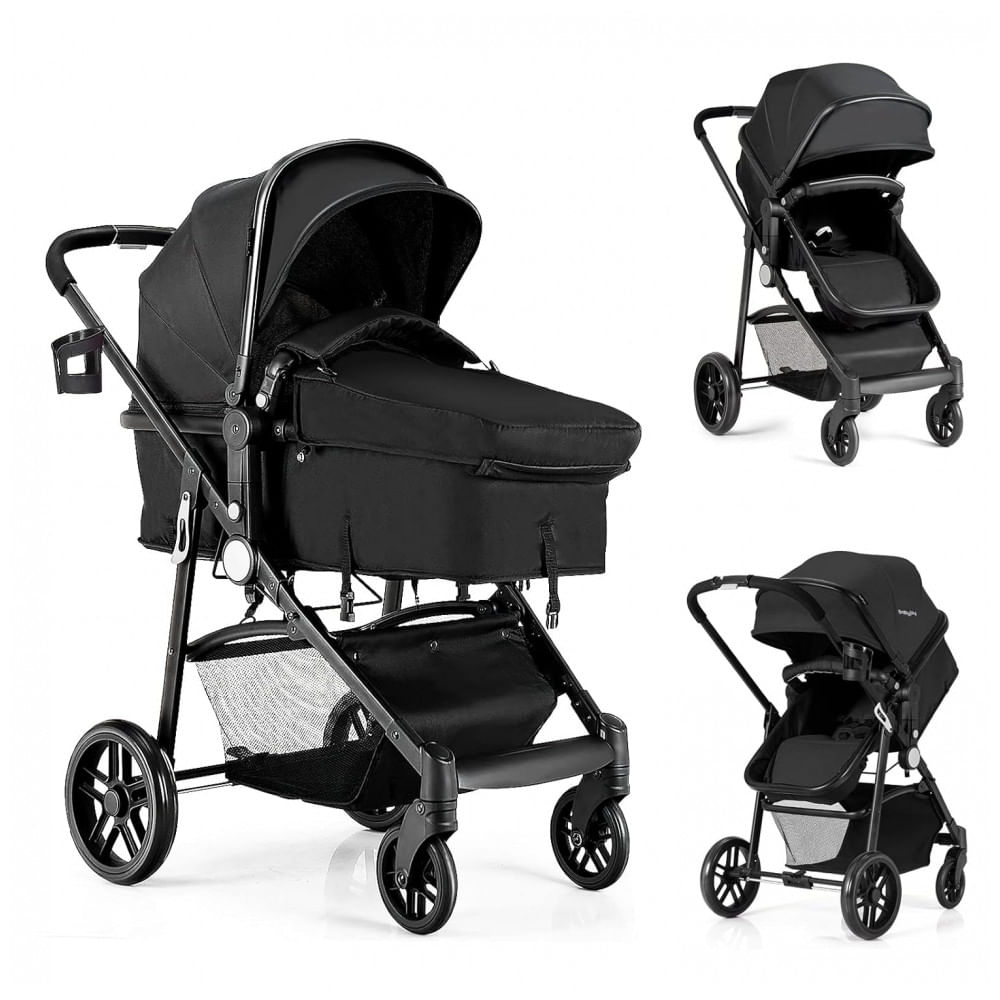 Carrinho de Bebê 2 em 1 com Suspensão e Porta Copos, Baby Joy, Preto