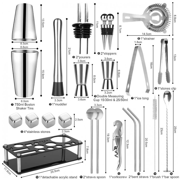 Kit-Bartender-Profissional-23-Pecas-em-Aco-Inoxidavel-com-foto-1