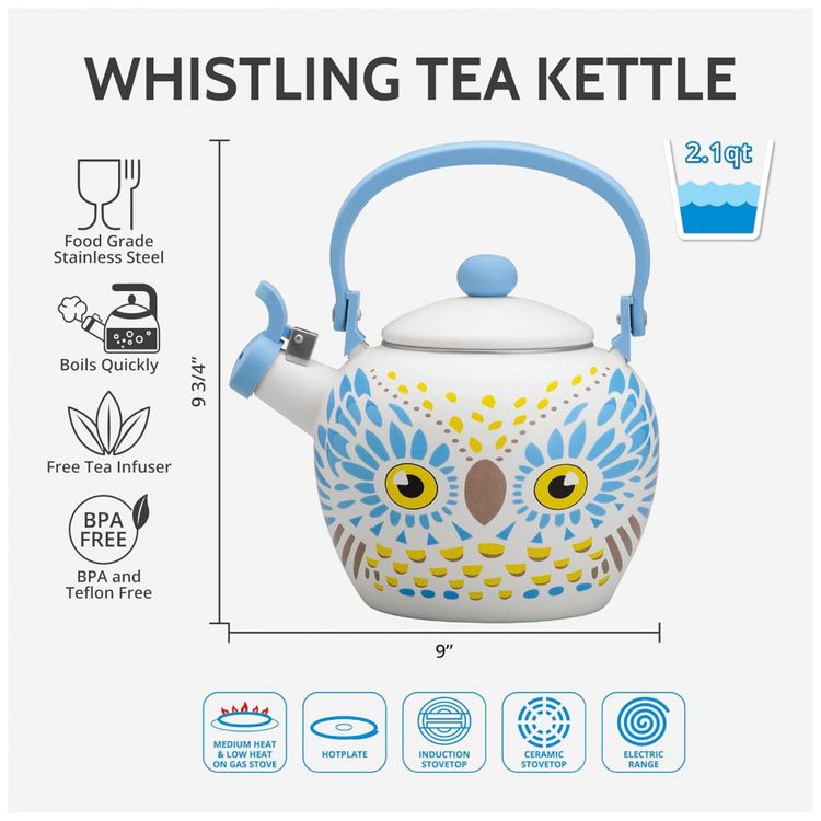 Chaleira-de-Cha-2.1-Litros-em-Esmalte-com-Apito-UP-Coruja-foto-1