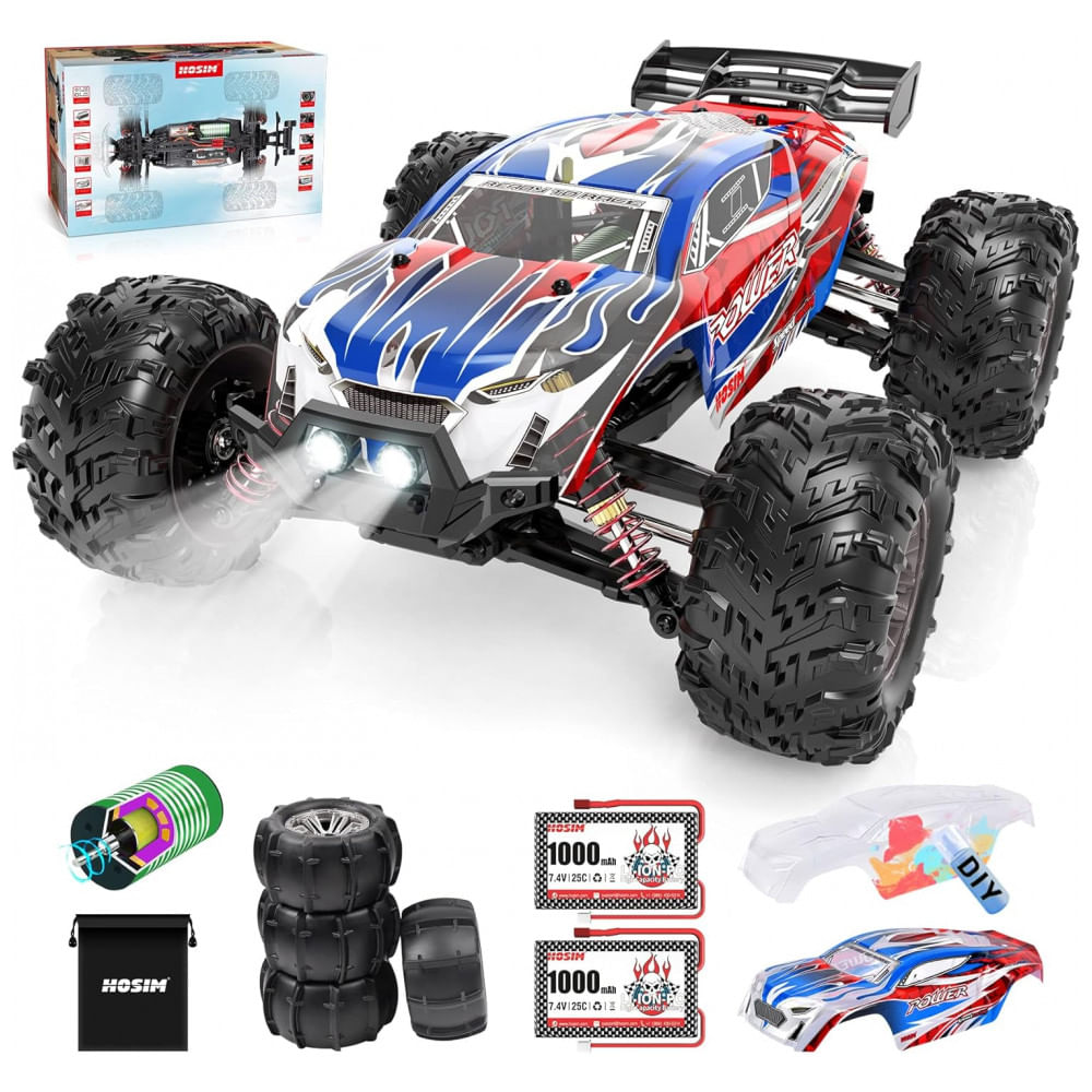 Carrinho de Controle Remoto Off Road 55 km, h com 2 Baterias para Adultos e Crianças, Hosim, Azul e Branco
