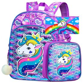 Mochila-Escolar-Infantil-40cm-AGSDON-Unicornio-3-Pecas-com-foto-0