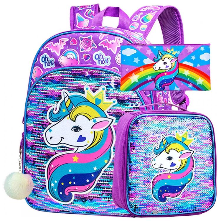 Mochila-Escolar-Infantil-40cm-AGSDON-Unicornio-3-Pecas-com-foto-0