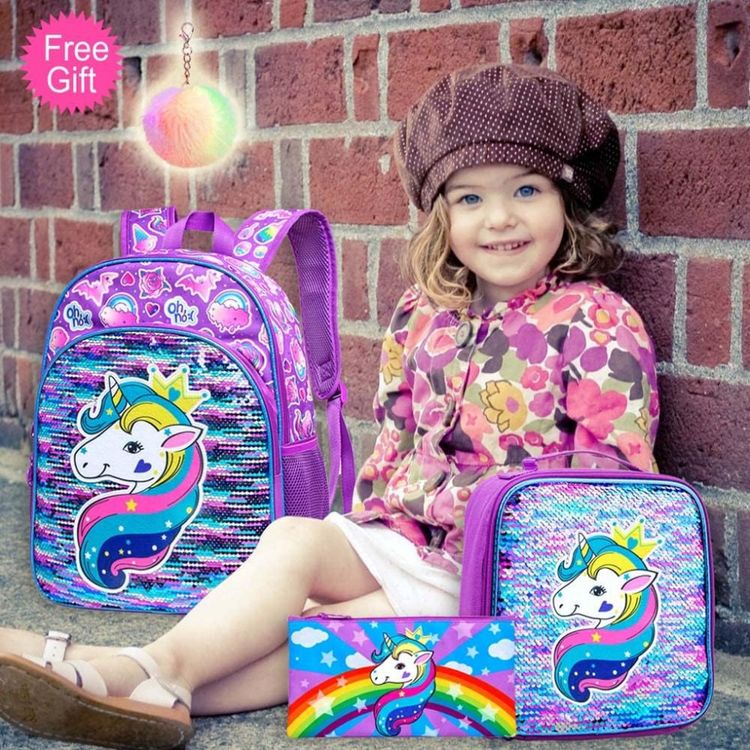 Mochila-Escolar-Infantil-40cm-AGSDON-Unicornio-3-Pecas-com-foto-1