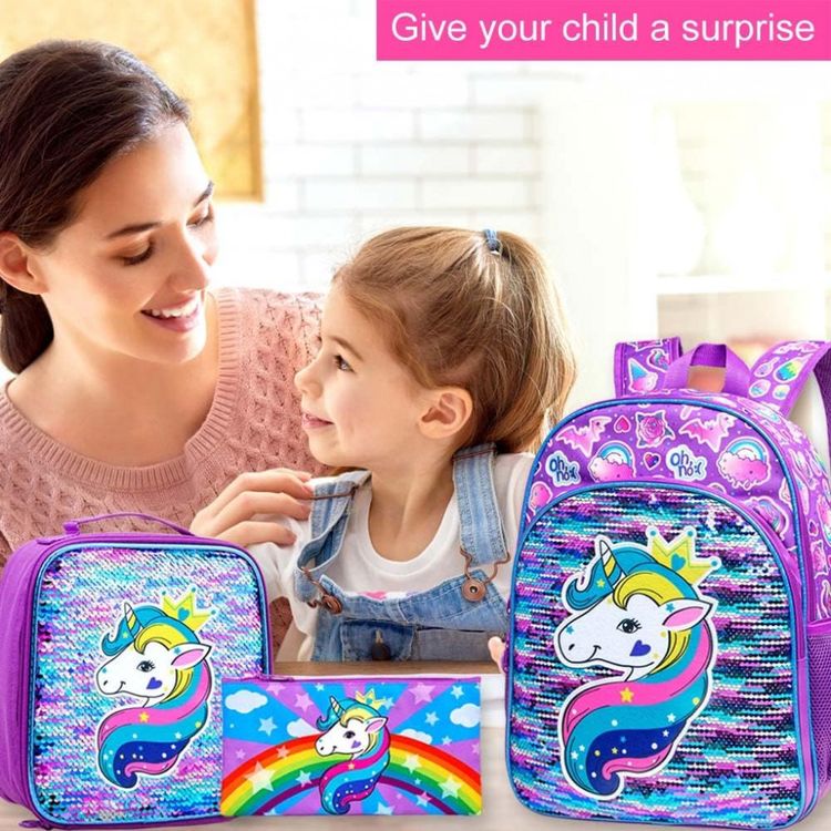 Mochila-Escolar-Infantil-40cm-AGSDON-Unicornio-3-Pecas-com-foto-2
