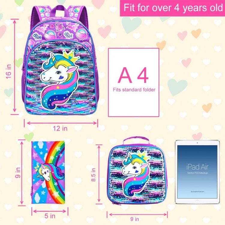 Mochila-Escolar-Infantil-40cm-AGSDON-Unicornio-3-Pecas-com-foto-3